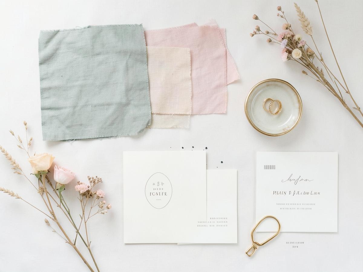 Wedding mood board with sage and blush linen swatches, dried florals and ivory stationery